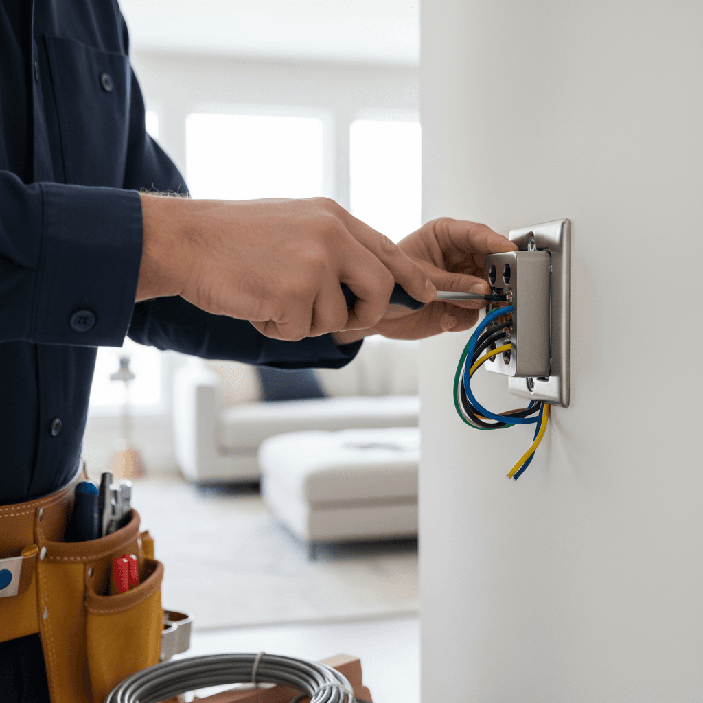 Electrician installing residential electrical outlet