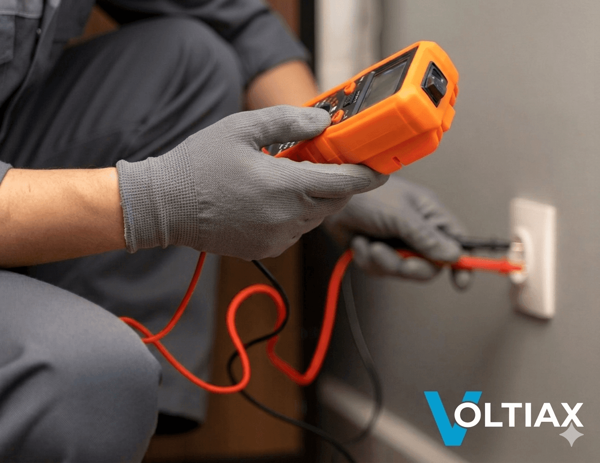 Electrician in grey gloves uses an orange multimeter to test a wall electrical outlet.