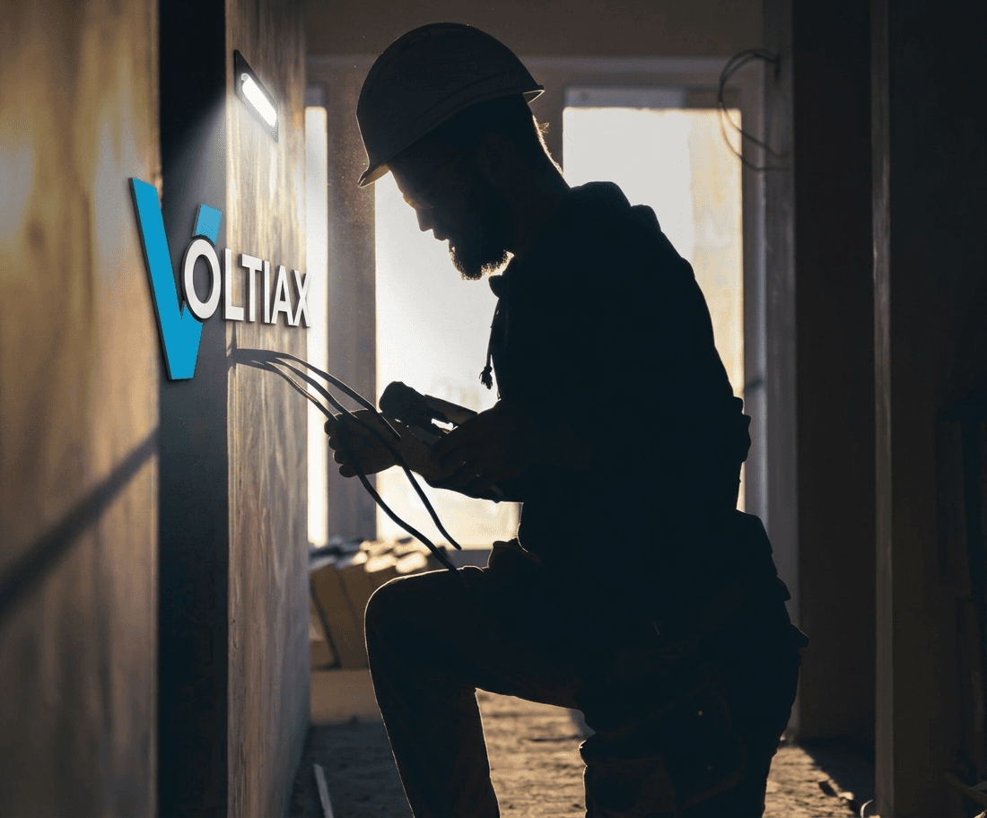 Silhouetted electrician in a hard hat installs wiring next to a prominent Voltiax wall logo.
